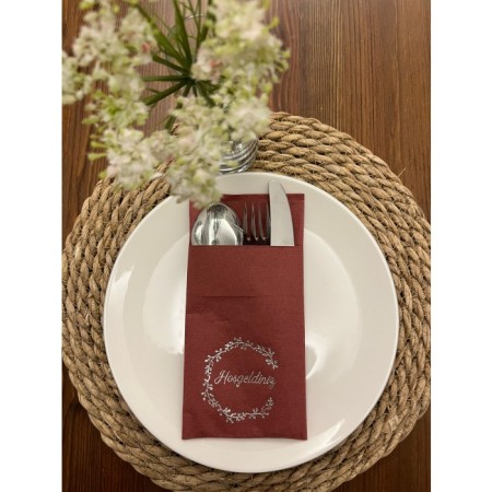 Gümüş Yaldızlı Vişne Renkli Kanguru Cepli Hoşgeldiniz Peçete 12 Adet