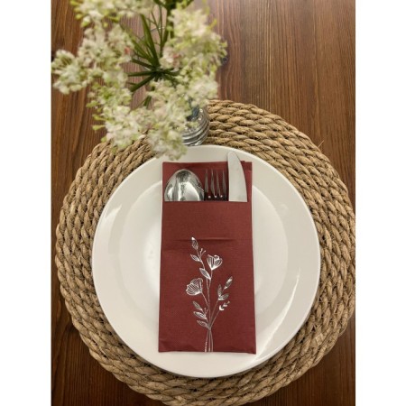 Gümüş Yaldızlı Vişne Renkli Kanguru Cepli Gelincik Çiçeği Peçete 12 Adet