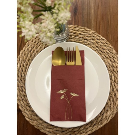 Gold Yaldızlı Vişne Renkli Kanguru Cepli Havuç Çiçeği Peçete 12 Adet