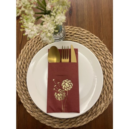 Gold Yaldızlı Vişne Renkli Kanguru Cepli Hindiba Çiçeği Peçete 12 Adet