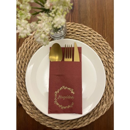 Gold Yaldızlı Vişne Renkli Kanguru Cepli Hoşgeldiniz Peçete 12 Adet