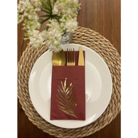 Gold Yaldızlı Vişne Renkli Kanguru Cepli Yaprak Peçete 12 Adet