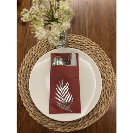 Gümüş Yaldızlı Vişne Renkli Kanguru Cepli Yaprak Peçete 12 Adet