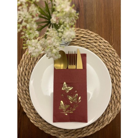 Gold Yaldızlı Vişne Renkli Kanguru Cepli Kelebek Yaprak Detaylı Peçete 12 Adet