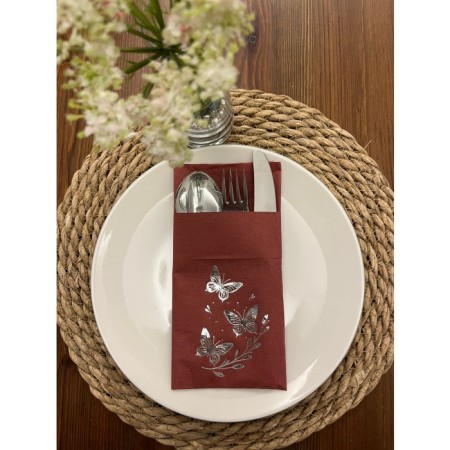 Gümüş Yaldızlı Vişne Renkli Kanguru Cepli Kelebek Yaprak Detaylı Peçete 12 Adet