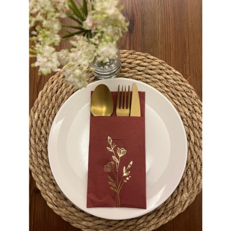 Gold Yaldızlı Vişne Renkli Kanguru Cepli Gelincik Çiçeği Peçete 12 Adet