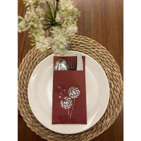 Gümüş Yaldızlı Vişne Renkli Kanguru Cepli Hindiba Çiçeği Peçete 12 Adet