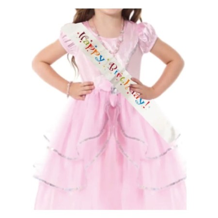 Happy Bırthday Renkli Yazılı Beyaz Saten Kuşak