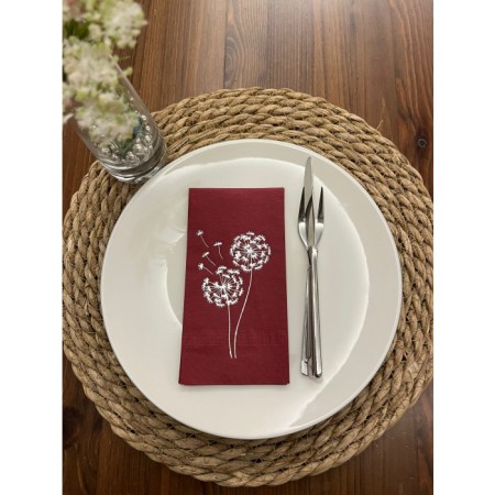 Gümüş Yaldızlı Vişne Renkli Hindiba Çiçeği Baskılı Garson Katlama Peçete 16 Adet