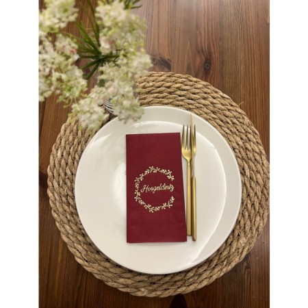 Gold Yaldızlı Vişne Renkli Çerçeveli Hoşgeldiniz Garson Peçete 16 Adet