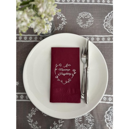 Gümüş Yaldızlı Vişne Renkli Nişanımıza Hoşgeldiniz Kalp Çelenk Peçete 16 Adet