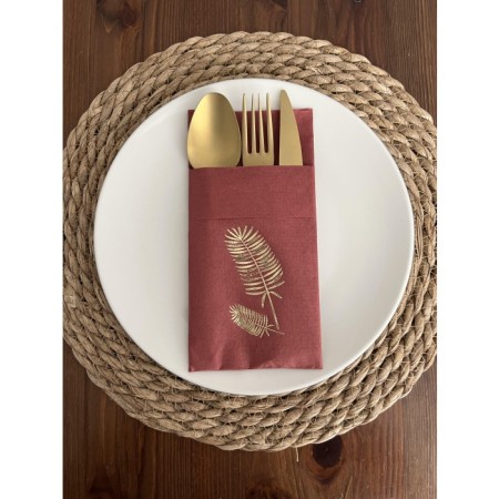 Gold Yaldızlı Vişne Renkli Kanguru Cepli Palmiye Peçete 12 Adet