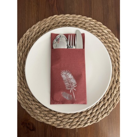 Gümüş Yaldızlı Vişne Renkli Kanguru Cepli Palmiye Peçete 12 Adet