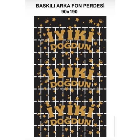 Metalize Siyah PötiKare Gold Baskılı Arka Fon Süs 90x190 cm