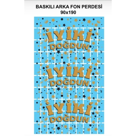 Metalize Mavi PötiKare Gold Baskılı Arka Fon Süs 90x190 cm