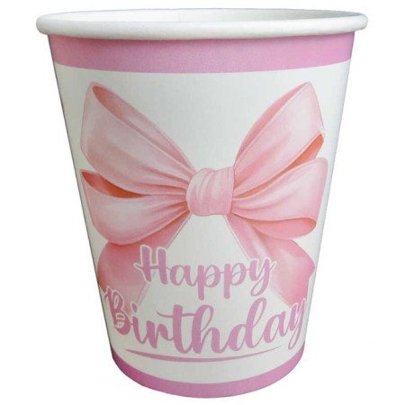 Pembe Fiyonk Happy Bırthday Baskılı Karton Bardak 8 Adet