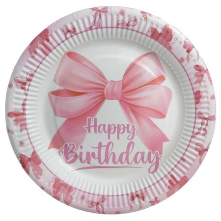 Pembe Fiyonk Happy Bırthday Baskılı Karton Tabak 23 cm 8 Adet