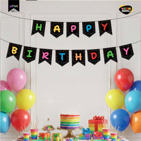 Happy Bırthday Neon Siyah  Banner 250 cm