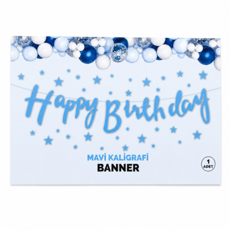 Happy Birthday Kaligrafi Banner Mavi110x20 cm