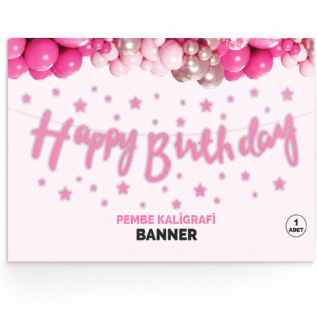 Happy Birthday Kaligrafi Banner Pembe 110x20 cm
