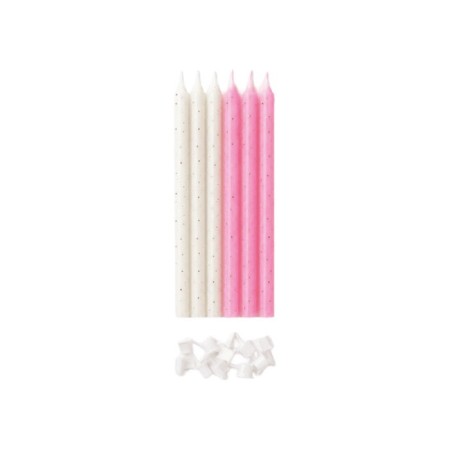 Pembe Beyaz Parıltılı Simli İnce Mum 15 cm 6 lı
