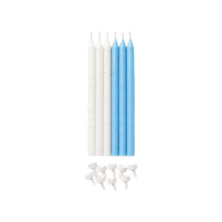 Mavi Beyaz Parıltılı Simli İnce Mum 15 cm 6 lı