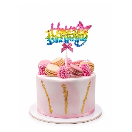 Pasta Üstü Makaron Renk Happy Bırthday Kelebek 11x12 cm