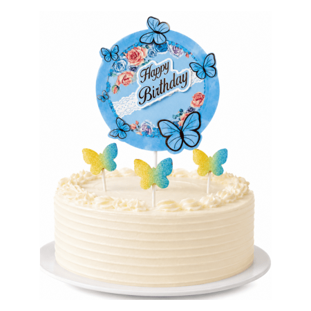 Pasta Üstü Çubuklu Happy Bırthday Kelebekli Mavi Renk 4 lü