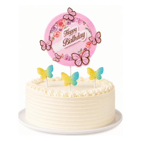 Pasta Üstü Çubuklu Happy Bırthday Kelebekli Pembe Renk 4 lü