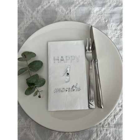 Gümüş Yaldızlı Beyaz Happy 1 Ay Months Garson Katlama Peçete 16 Adet