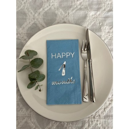 Gümüş Yaldızlı Mavi Happy 1 Ay Months Garson Katlama Peçete 16 Adet