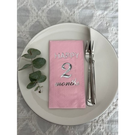 Gümüş Yaldızlı Pembe Happy 2 Ay Months Garson Katlama Peçete 16 Adet