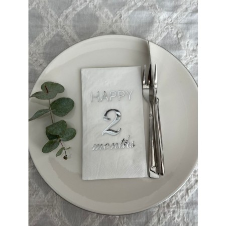 Gümüş Yaldızlı Beyaz Happy 2 Ay Months Garson Katlama Peçete 16 Adet