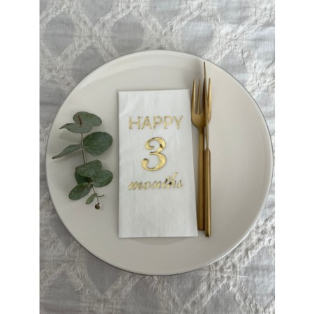 Gold Yaldızlı Beyaz Happy 3 Ay Months Garson Katlama Peçete 16 Adet