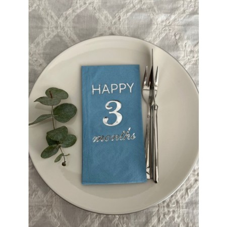 Gümüş Yaldızlı Mavi Happy 3 Ay Months Garson Katlama Peçete 16 Adet