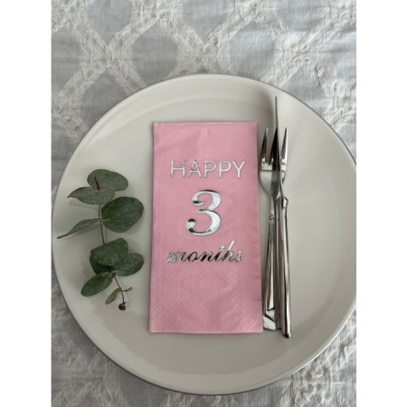 Gümüş Yaldızlı Pembe Happy 3 Ay Months Garson Katlama Peçete 16 Adet