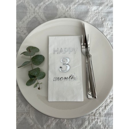 Gümüş Yaldızlı Beyaz Happy 3 Ay Months Garson Katlama Peçete 16 Adet