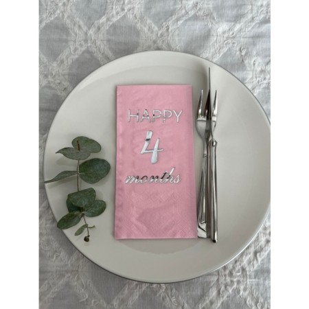 Gümüş Yaldızlı Pembe Happy 4 Ay Months Garson Katlama Peçete 16 Adet