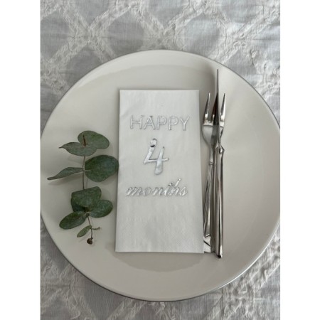 Gümüş Yaldızlı Beyaz Happy 4 Ay Months Garson Katlama Peçete 16 Adet