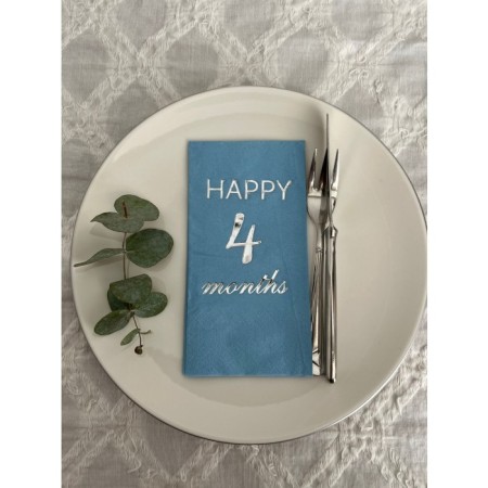 Gümüş Yaldızlı Mavi Happy 4 Ay Months Garson Katlama Peçete 16 Adet