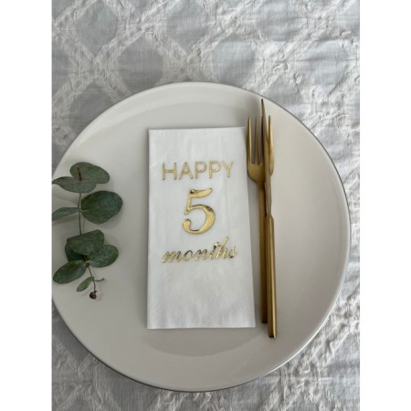 Gold Yaldızlı Beyaz Happy 5 Ay Months Garson Katlama Peçete 16 Adet