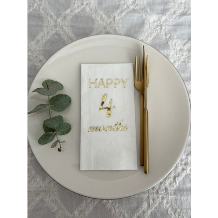 Gold Yaldızlı Beyaz Happy 4 Ay Months Garson Katlama Peçete 16 Adet