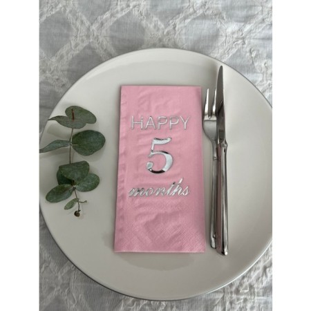 Gümüş Yaldızlı Pembe Happy 5 Ay Months Garson Katlama Peçete 16 Adet