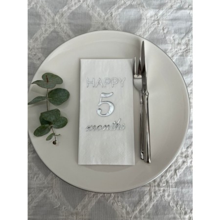 Gümüş Yaldızlı Beyaz Happy 5 Ay Months Garson Katlama Peçete 16 Adet
