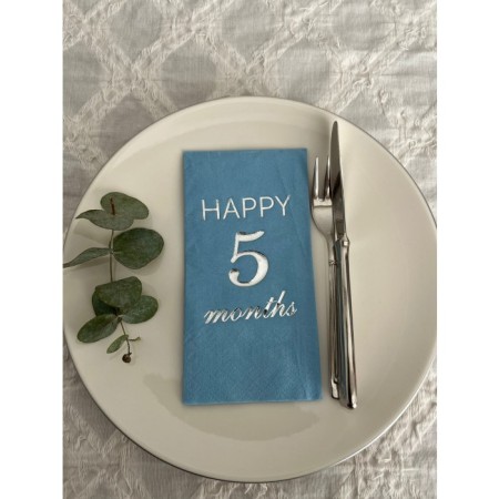 Gümüş Yaldızlı Mavi Happy 5 Ay Months Garson Katlama Peçete 16 Adet