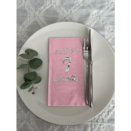 Gümüş Yaldızlı Pembe Happy 7 Ay Months Garson Katlama Peçete 16 Adet