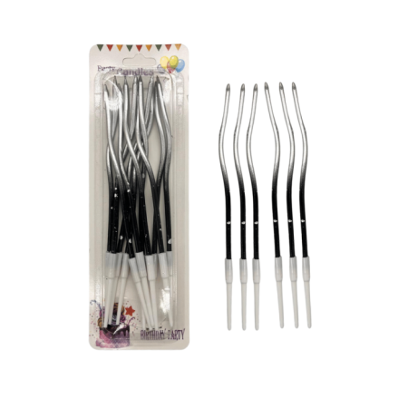 Metalik Burgulu Gümüş Siyah Kabartmalı Mum 12 lı 16 cm