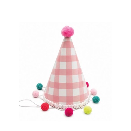 Ponponlu Ekose Desenli Karton Pembe Şapka 17 cm