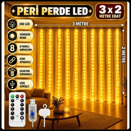 3X2 Günışığı Perde Led 8 Animasyonlu Usb Girişli