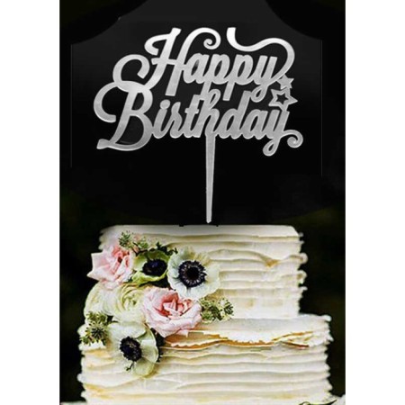 Happy Birthday Gümüş Pleksi Pasta Süsü